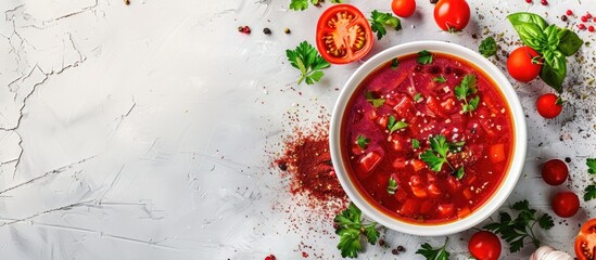 Poster - Colorful background with a delicious bowl of borscht and ingredients, leaving room for copy space image.