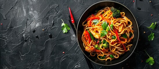 Sticker - Aerial view of Schezwan Noodles or Chow Mein with veggies, chicken, and spicy sauce on a dark dish in a copy space image.