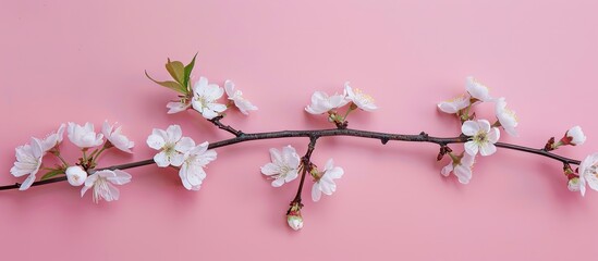 Leinwandbilder - An apricot branch with blossoms on a pink backdrop in a flat lay style image, emphasizing the spring theme. Copy space image. Place for adding text and design