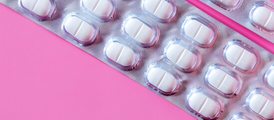 Wall Mural - White pills packaged in blister packs contrast against a pink backdrop, creating a visually appealing composition with room for text or other elements (copy space image).