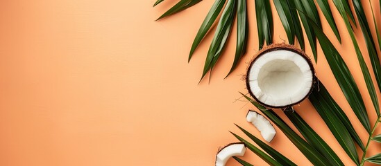 Fototapete - Top view of a palm leaf and coconut on a pastel orange background, ideal for a summer and tropical concept. Includes a flat lay image with ample copy space.