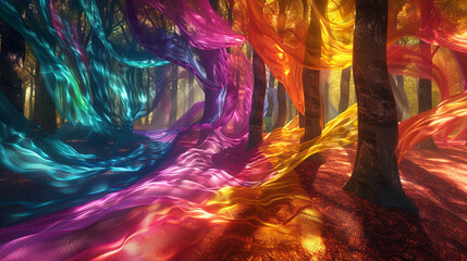 Wall Mural - A surreal, abstract depiction of a forest with trees made of flowing ribbons of color.