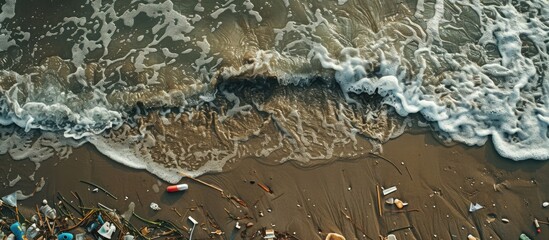 Aufkleber - Beach litter contributes to water pollution, as shown in the copy space image.