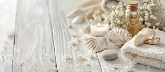 Aufkleber - Close-up macro view of a spa arrangement on a white wooden background, featuring essential oil, stones, shells, candles, and a towel, promoting a serene and relaxing atmosphere, ideal for text banner
