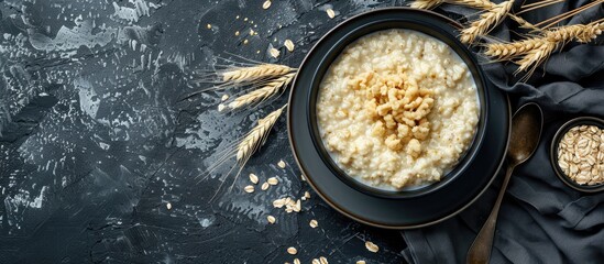 Aufkleber - Top-down view of a delicious bowl of wheat porridge on a grey tabletop with ample space for adding text in the image.