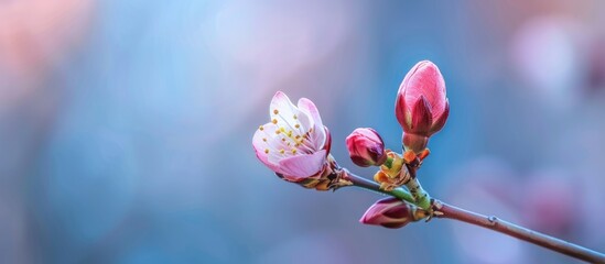 Poster - Close-up flower bud against an almond blossom-filled spring sky, creating a serene and picturesque copy space image.