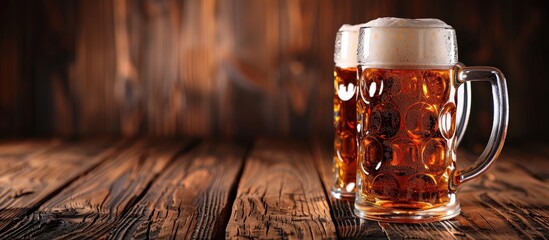 Poster - Close-up view of beer mugs on wood table with copy space image.