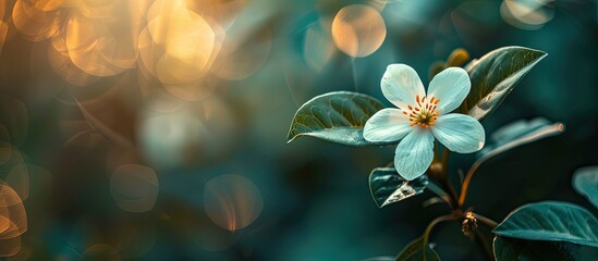 Poster - A delicate flower blooming in a botanical garden, with a serene backdrop for a potential copy space image.