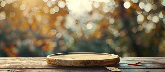 Poster - Perfect for showcasing products: oak table or plate on wooden board with blurry bokeh background, allowing for a copy space image.