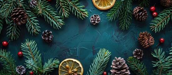 Poster - Top-down view of Christmas fir branches adorned with cones, viburnum berries, and a dried lemon slice, providing ample space for inserting text in the image.