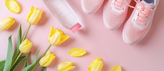 Poster - Top view of new sports shoes with a water bottle, yellow tulips on a pink pastel background, featuring a copy space image for the sneakers.
