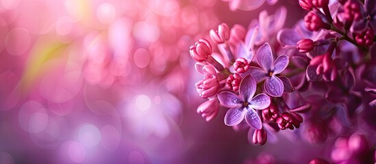 Poster - Macro shot of lilac flowers on a floral magenta backdrop, featuring soft focus and space for text or images adjacent. Copy space image. Place for adding text and design