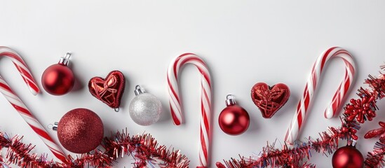 Poster - Create a Christmas-themed mock-up with heart candy canes, decorative balls, and tinsel on a white backdrop for a festive copy space image.