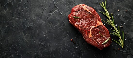 Poster - Raw steak on black background, providing views from the side and above with space for text or images. Copy space image. Place for adding text and design