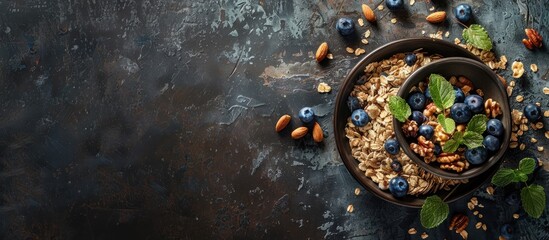 Poster - Gourmet morning meal featuring muesli, blueberries, and nuts on a rustic background, presented in a top-down view with empty space for text or graphics. Copy space image