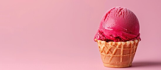 Poster - Red ice cream in a waffle cup against a pink background with copy space image.