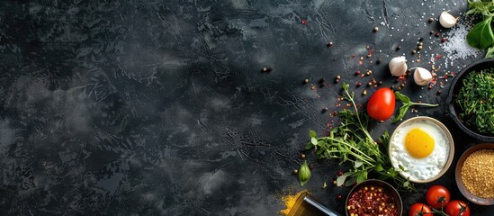 Poster - Top view arrangement of keto diet items on a dark surface with copy space image.