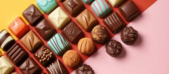 Poster - Top view of a variety of premium chocolates on a colorful background, emphasizing health and obesity concerns, with room for text or graphics in the image. Copy space image