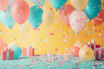 Poster - A vibrant image of a birthday party scene featuring colorful balloons, confetti, and presents. Generative AI