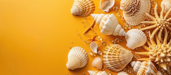 Canvas Print - Sea shells in white and brown hues with coral design floating above a lively yellow backdrop, representing holiday travels with copy space image.