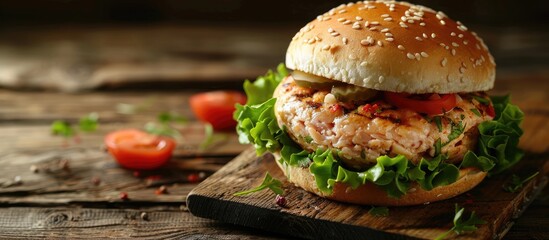 Poster - Grilled tuna burger with lettuce and mayonnaise on wooden table, accompanied by copy space image.