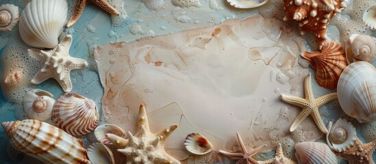 Poster - A vacation-themed setting adorned with shells, seastars, and a blank postcard, suitable for adding text or images, is symbolized in the copy space image.