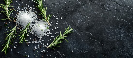 Poster - Image with salt and rosemary on a dark surface with empty space for text. Copy space image. Place for adding text and design