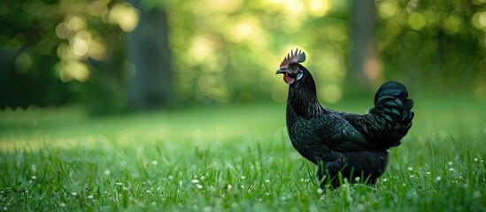 Poster - A black chicken stands in a lush green field with ample room for text or other elements in the copy space image.