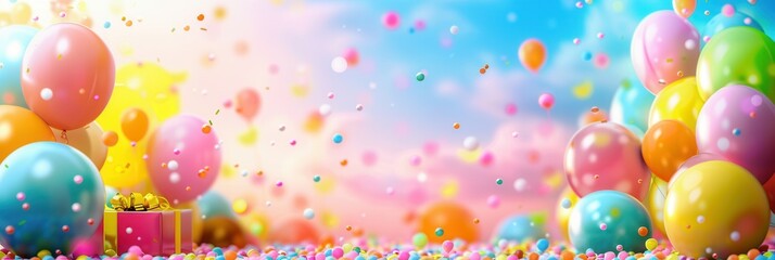 Poster - A bright and cheerful scene with colorful balloons, confetti, and presents, perfect for celebrating a birthday. Generative AI