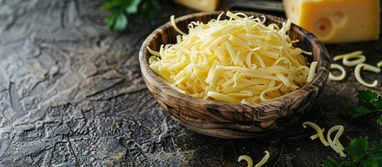 Poster - A digital combination showcasing a text for National Cheese Day, with shredded cheese in a bowl on a table, leaving room for additional images or text.