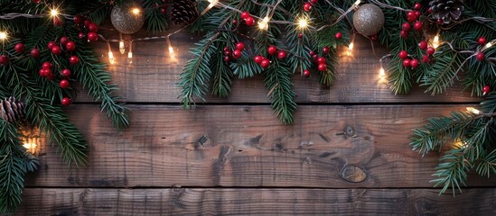 Aufkleber - Festive Christmas setting with fir garland, lights, and decorations on rustic wooden background, featuring ample copy space image.