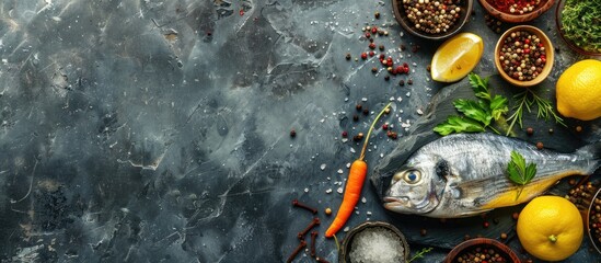 Poster - Top view of a creative layout with fresh raw fish, spices, lemon, on dark stone background. Includes copy space image for a healthy food concept.