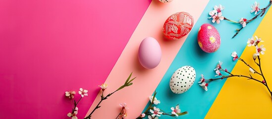 Aufkleber - Easter decorations arranged on a colorful background with Easter eggs in a flat lay top view for a banner with copy space image.