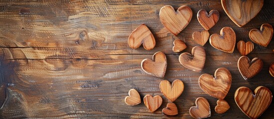 Poster - Wooden hearts pattern with copy space image on a wooden heart background, perfect for children's party decorations and greeting cards.