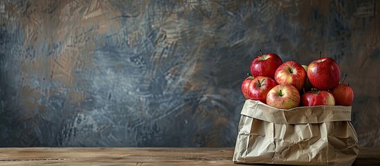 Poster - On a kitchen table, there is a paper bag filled with fresh and juicy apples, next to an empty space for text or other content in an image. Copy space image. Place for adding text and design