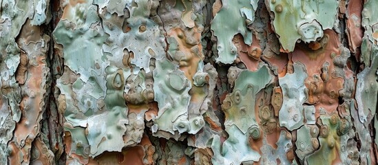 Aufkleber - Close-up of tree bark with a camouflage pattern, creating an interesting visual with copy space image.