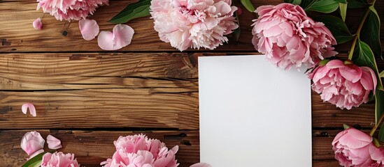 Poster - Rustic wooden surface adorned with white paper, pink peonies, and a copy space image - a perfect workspace for creating greeting cards.