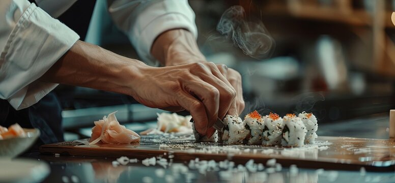 Closeup Chef hand making typical Japanese sushi, very detailed, cinematic, realistic, Copy space, Generative ai