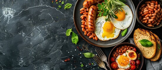 Poster - An English breakfast spread on a grey ceramic plate against a dark concrete backdrop, accompanied by eggs, toast, sausages, beans, and herbs, with copy space image.