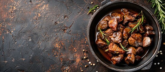 Aufkleber - Rustic top-view image of a chicken liver confit, a delectable appetizer or snack on the table with copy space in the background.