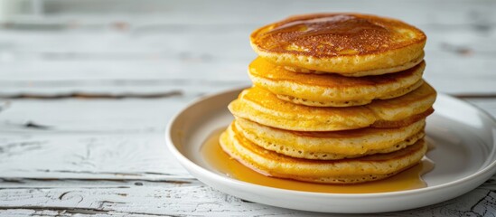 Poster - Homemade corn meal Johnny cakes with melted butter displayed on a white plate against a white wooden background in a side view. Features copy space image.