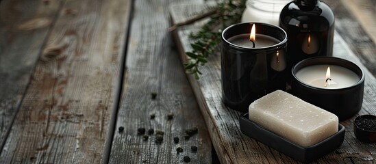 Poster - Black candle remnants in dark containers arranged for handmade organic scented candles, organic soaps align on a wooden table with copy space image.