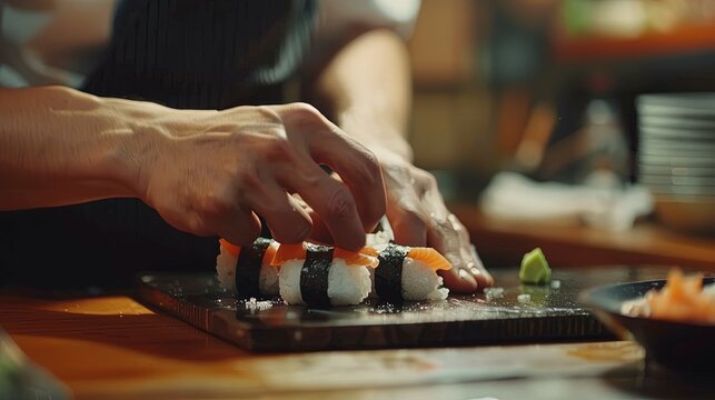 Closeup Chef hand making typical Japanese sushi, very detailed, cinematic, realistic, Copy space, Generative ai