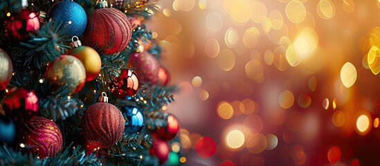 Poster - A Christmas tree adorned with colorful balls and toys against a background with an area for adding text or images, known as a copy space image.