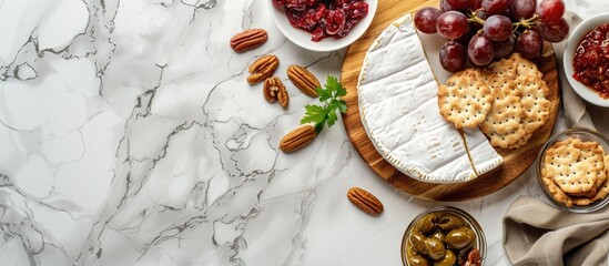 Poster - Top view image featuring a snack board layout on a wooden kitchen table with a Camembert cheese, grapes, chutney, cranberry crackers, pecans, on a light marble background with ample copy space.