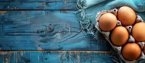 Aufkleber - Elegant raw chicken eggs displayed on a rustic blue wooden backdrop with ample copy space image.