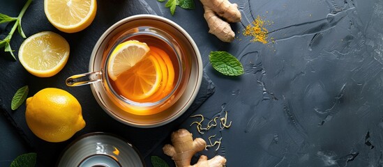 Poster - Japanese teapot filled with a tea blend of Chinese origin, including lemon, ginger, and honey, placed on a black tabletop. A warm, soothing glass of beverage ideal for cold winter days with a copy