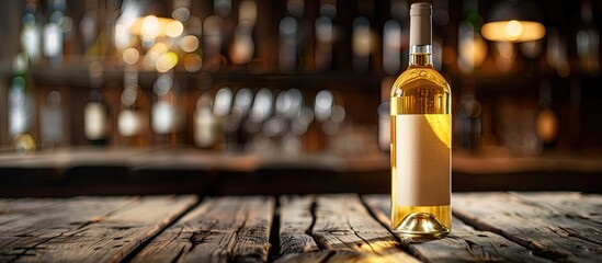 Poster - White wine bottle intact on aged table, shallow depth of field highlighting the foreground, with room for text or elements in the image. Copy space image. Place for adding text and design