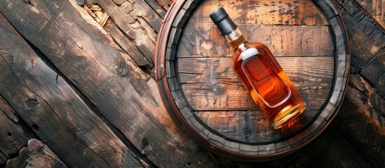 Aufkleber - Top view of a bottle of rum, cognac, or whiskey on an aged wooden barrel, creating a flat lay image with ample copy space.