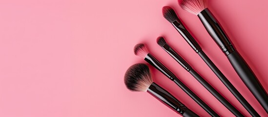Poster - Glamorous makeup brushes displayed on a soft pink backdrop in a cosmetics store banner, showing visagist tools from a top view with a creative flat lay and copy space image.